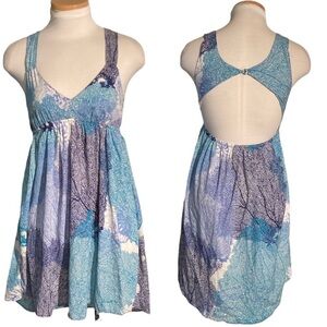 Roxy Love Seeker Blue Aqua Multicolor Coral Pattern Open Back Dress sz M EUC